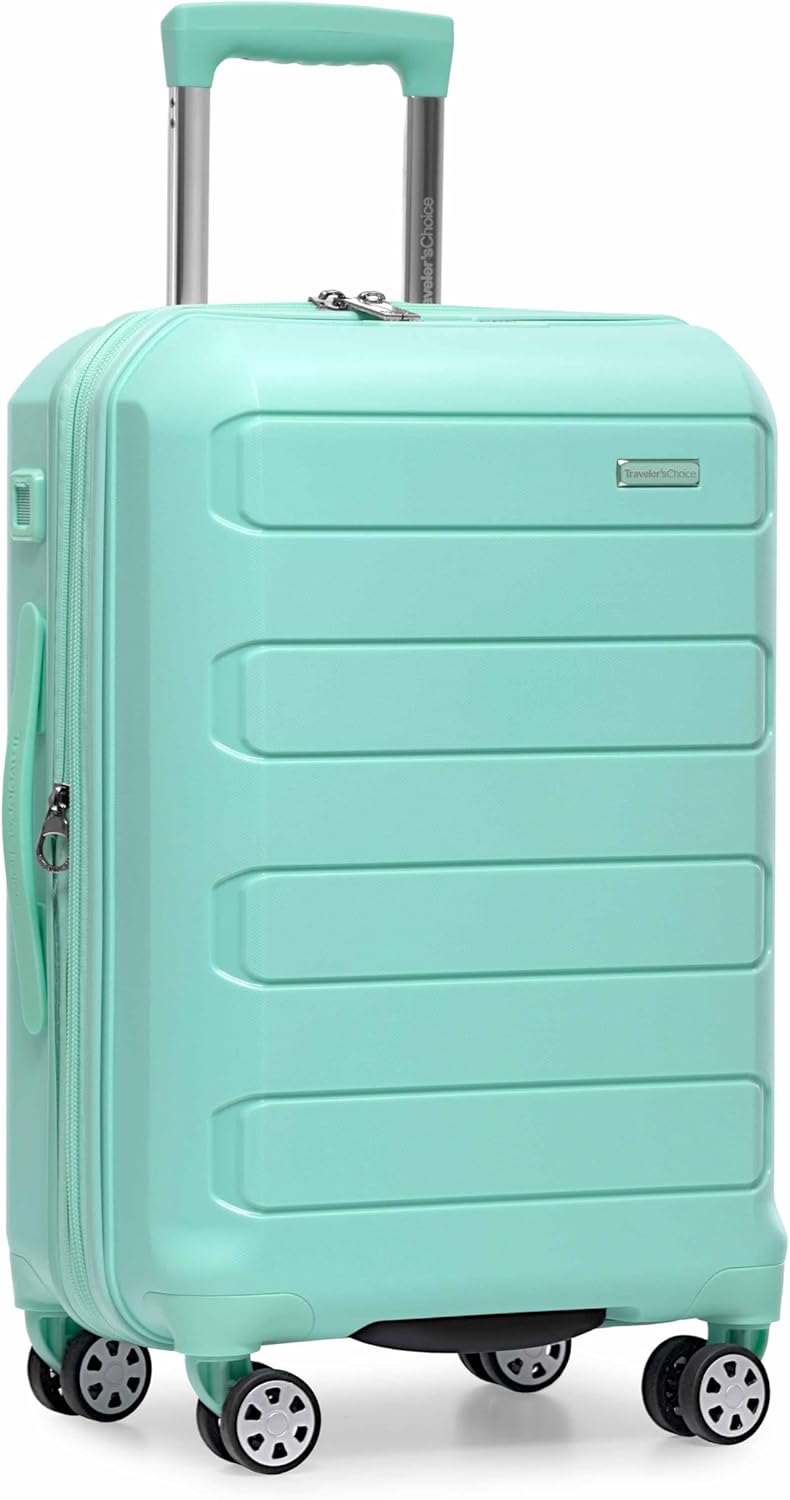 Traveler's Choice Pagosa Hardshell Expandable Luggage with Spinner Wheels, Baby Blue, 22-Inch Carry-on