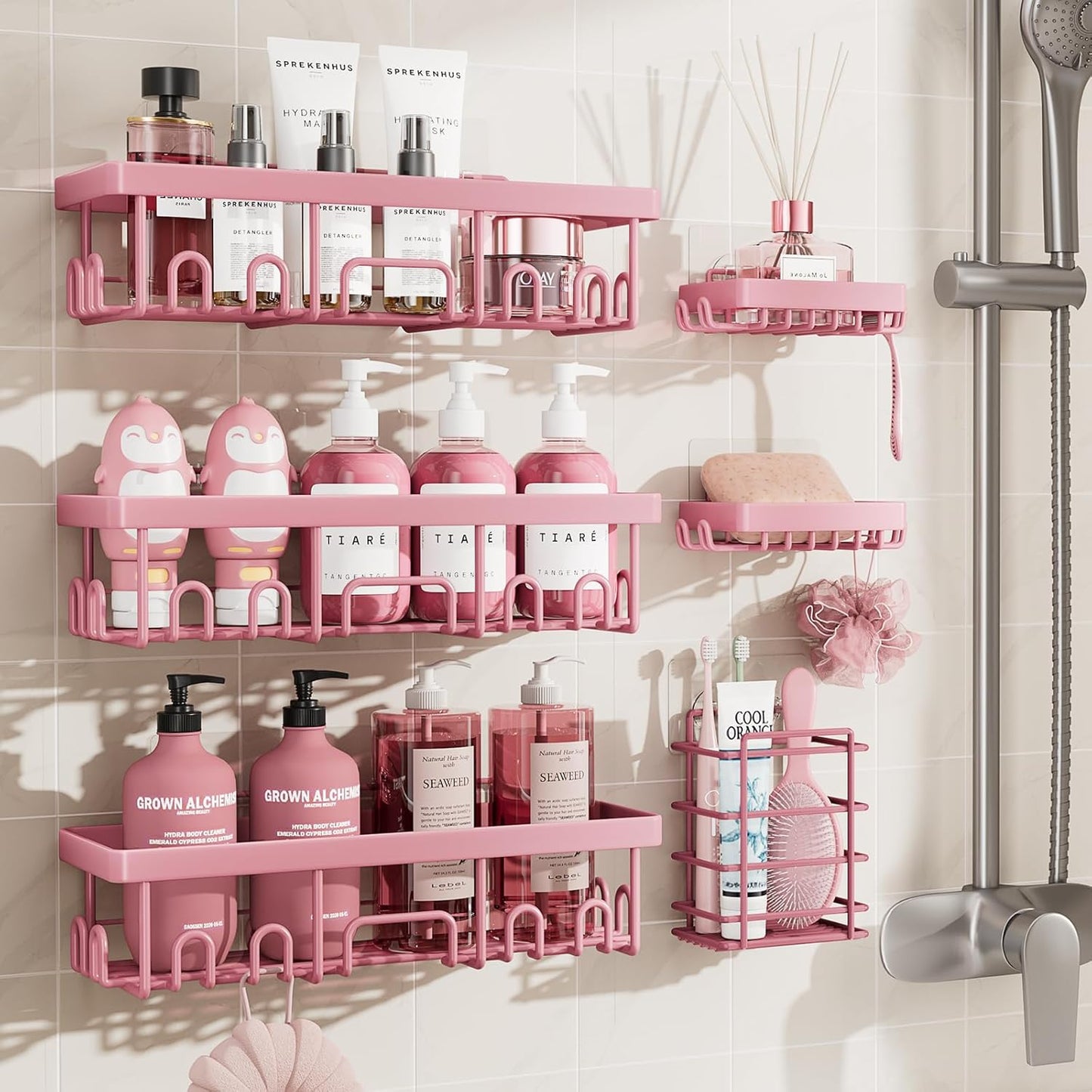 Veken Shower Caddy 6-Pack, No Drilling & Rustproof, Waterproof Adhesive Shelves Rack with Soap Holder, Large Capacity Bathroom Organizers and Storage, Wall-Mounted Kitchen & Home Decor