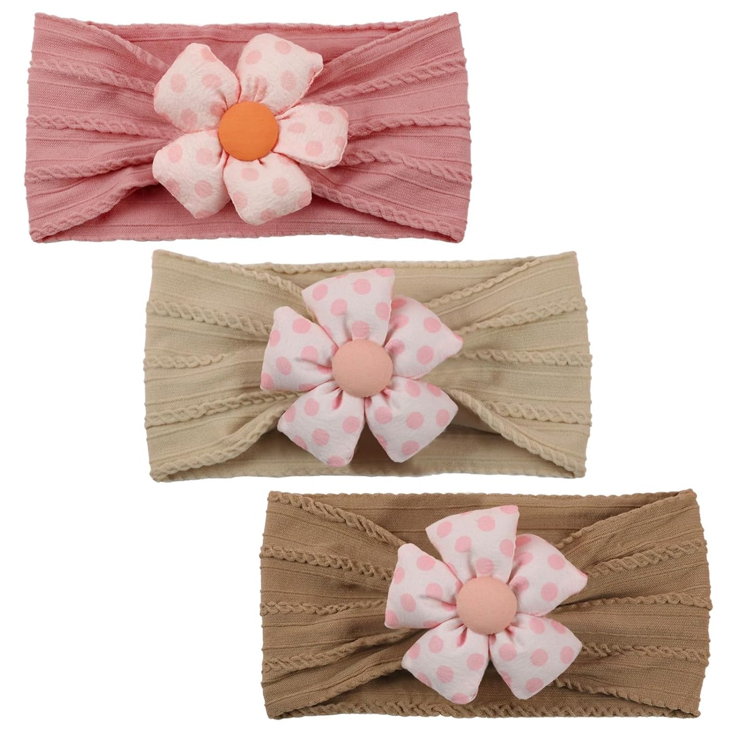 MIUXUESO 3 Pcs Baby Flower Headbands Baby Girls Nylon Headband Soft Hairbands Hair Accessories for Newborn Infant Toddler Kids (Beige Pink Khaki)