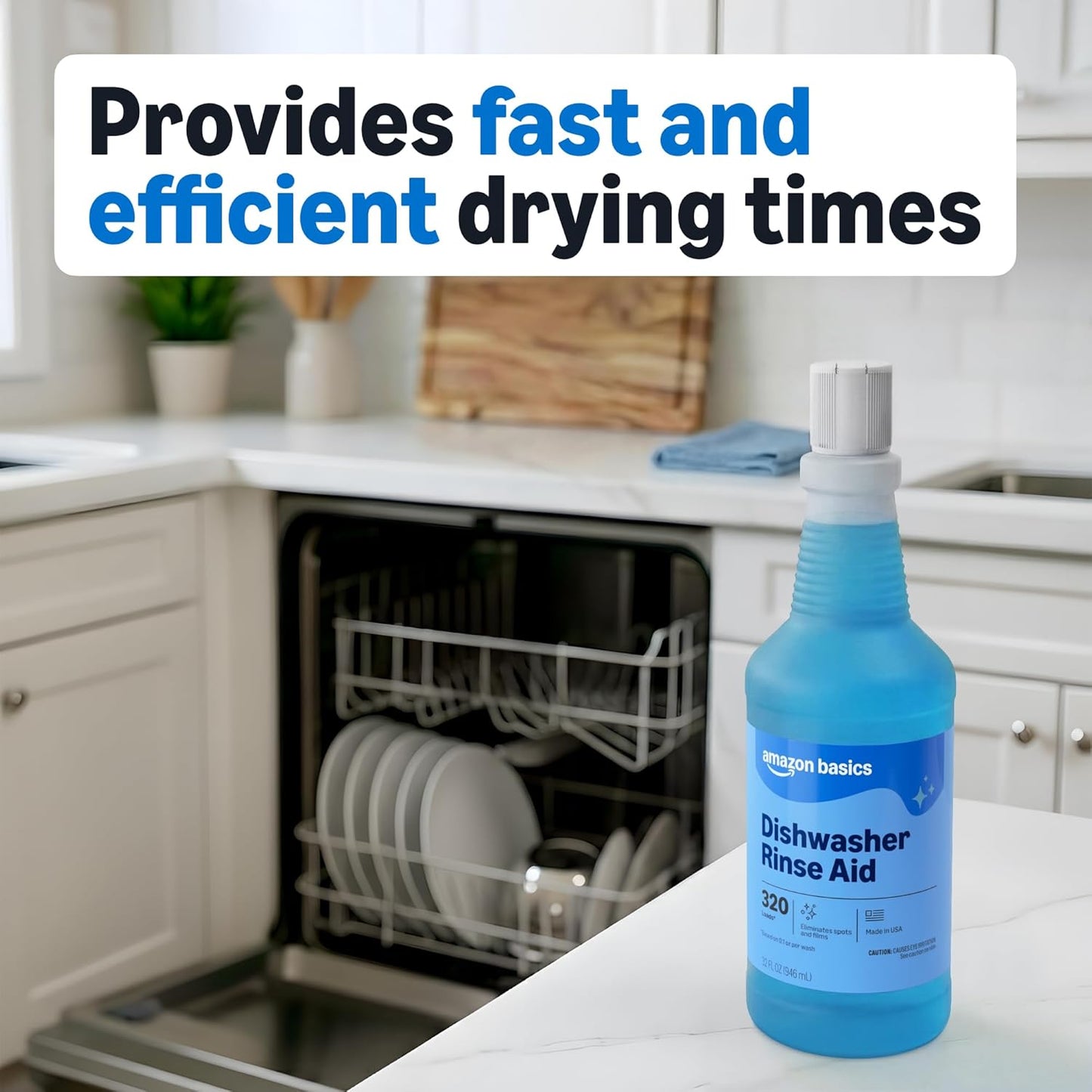 Amazon Basics Dishwasher Rinse Aid Liquid, Prevents Spots, Enhances Drying, Sparkling Finish, 32 Fl Oz, 1-Pack