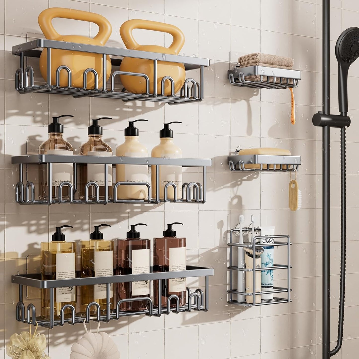 Veken Shower Caddy 6-Pack, No Drilling & Rustproof, Waterproof Adhesive Shelves Rack with Soap Holder, Large Capacity Bathroom Organizers and Storage, Wall-Mounted Kitchen & Home Decor