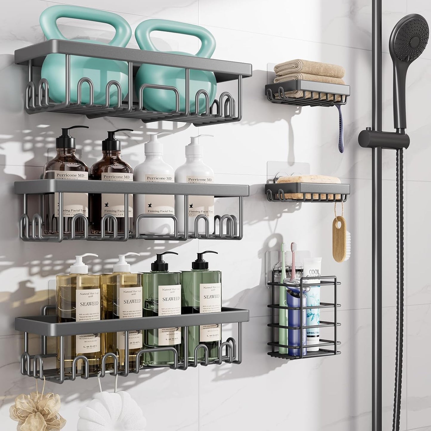 Veken Shower Caddy 6-Pack, No Drilling & Rustproof, Waterproof Adhesive Shelves Rack with Soap Holder, Large Capacity Bathroom Organizers and Storage, Wall-Mounted Kitchen & Home Decor