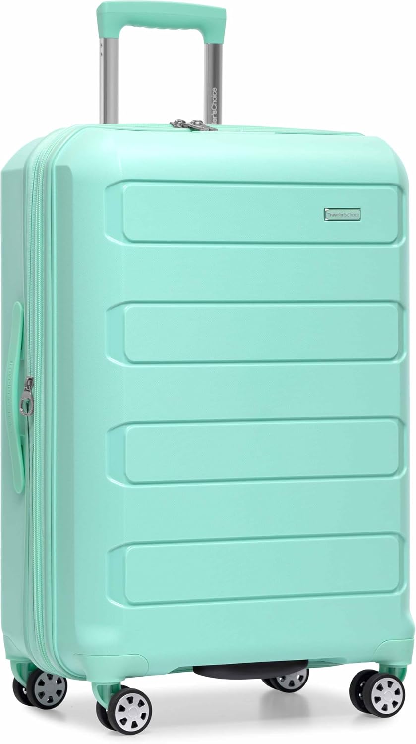 Traveler's Choice Pagosa Hardshell Expandable Luggage with Spinner Wheels, Baby Blue, 22-Inch Carry-on