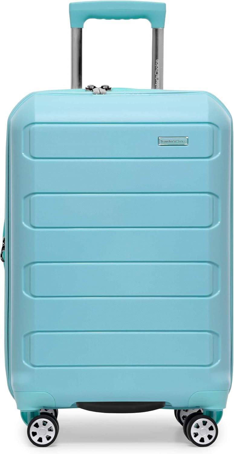 Traveler's Choice Pagosa Hardshell Expandable Luggage with Spinner Wheels, Baby Blue, 22-Inch Carry-on