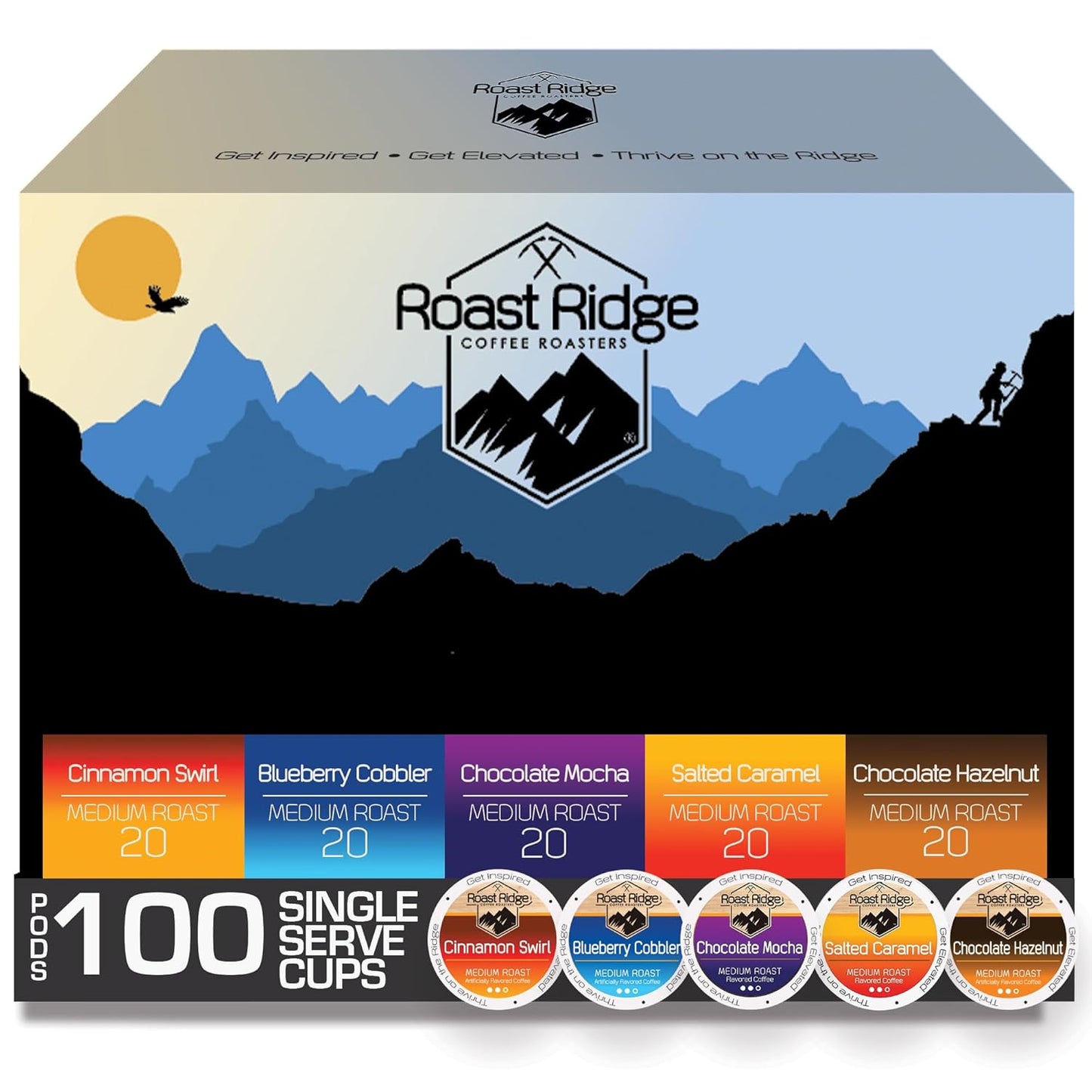 Roast Ridge Single Serve Coffee Pods for Keurig K-Cup Brewers, Variety Pack, 100 Count (20 each: Salted Caramel, Southern Pecan, Chocolate Mocha, Hazelnut, French Vanilla)