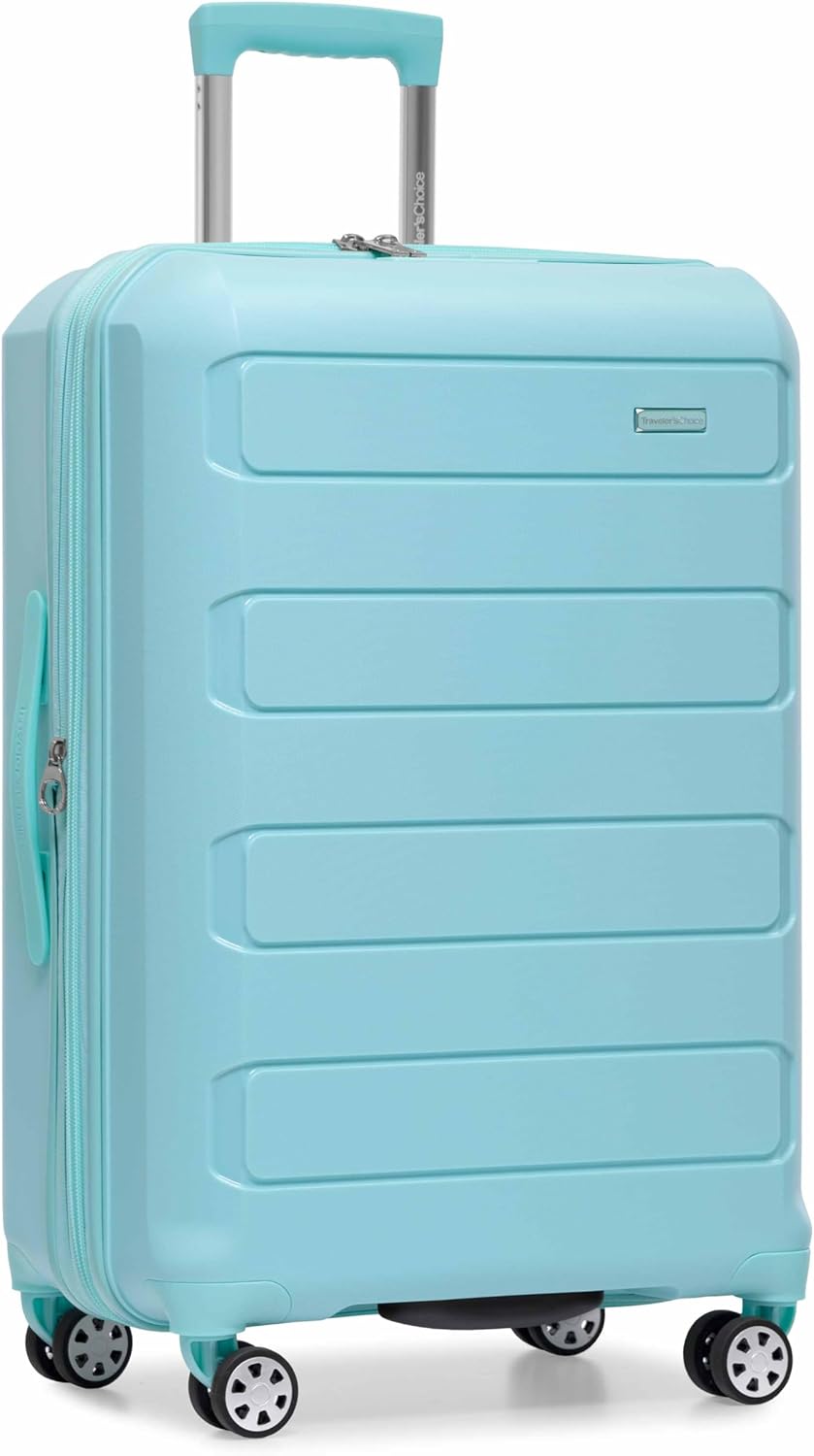 Traveler's Choice Pagosa Hardshell Expandable Luggage with Spinner Wheels, Baby Blue, 22-Inch Carry-on
