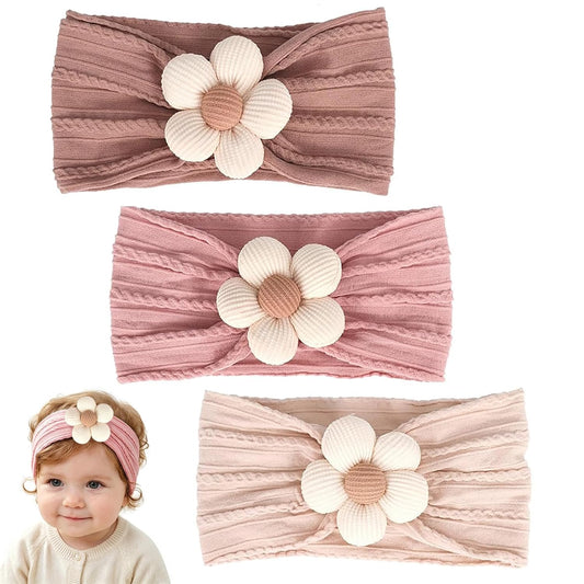 MIUXUESO 3 Pcs Baby Flower Headbands Baby Girls Nylon Headband Soft Hairbands Hair Accessories for Newborn Infant Toddler Kids (Beige Pink Khaki)