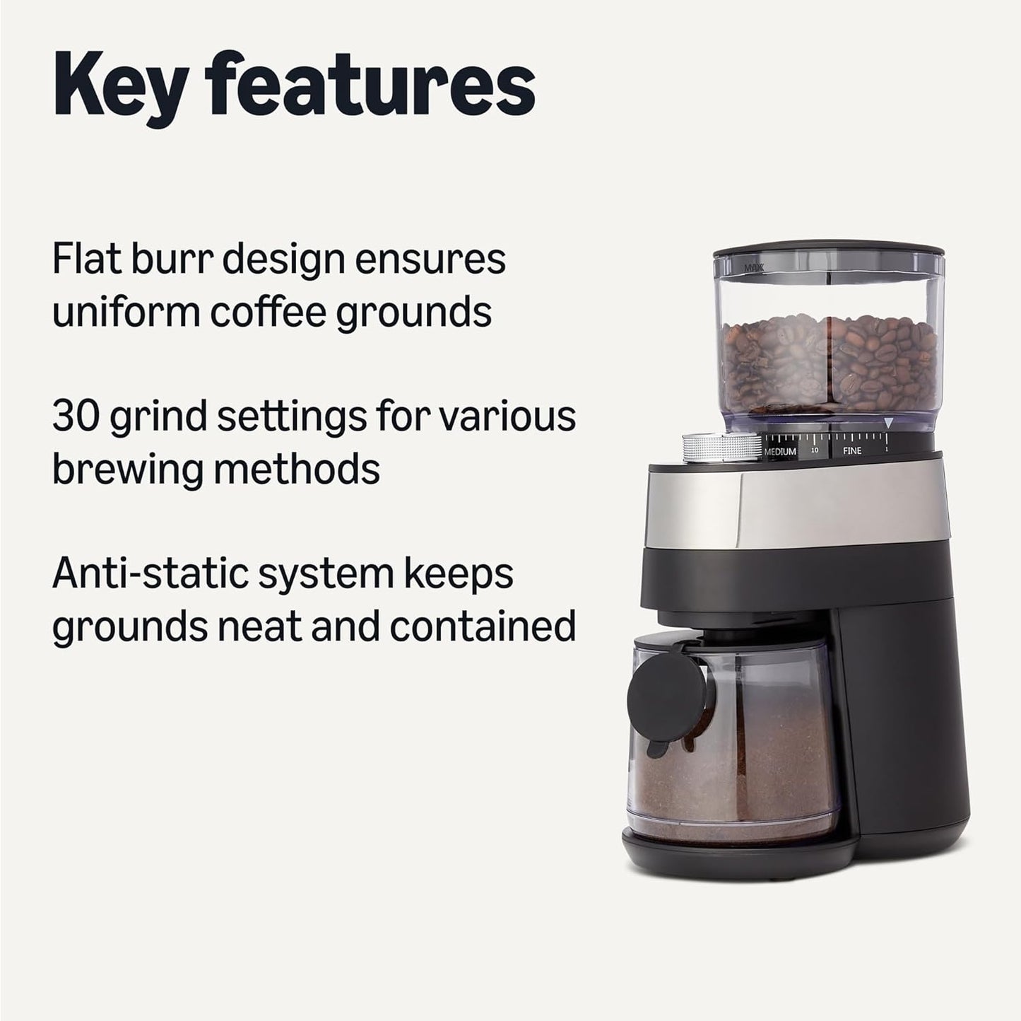 Amazon Basics Burr Coffee Grinder, 30 Grind Settings for French Press, Drip Coffee and Espresso, Anti-Static System, 6.5-Ounce Hopper, Black