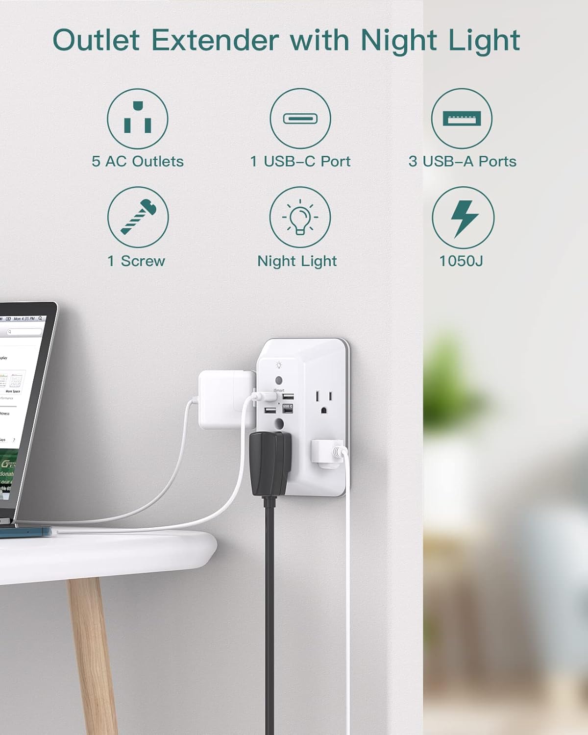 Addtam Surge Protector Outlet Extender, Plug Extension Outlet with Night Light, 5-Outlet Splitter and 4 USB Ports(1 USB C), Multi Plug Wall Outlet for Home Office Dorm Room Essentials