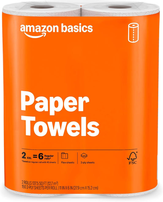 Amazon Basics 2-Ply Flex-Sheets Paper Towels, 2-Pack, 150 Sheets per Roll, 2 Basics Rolls = 6 Regular Rolls, for Everyday Use, Spills and Messes