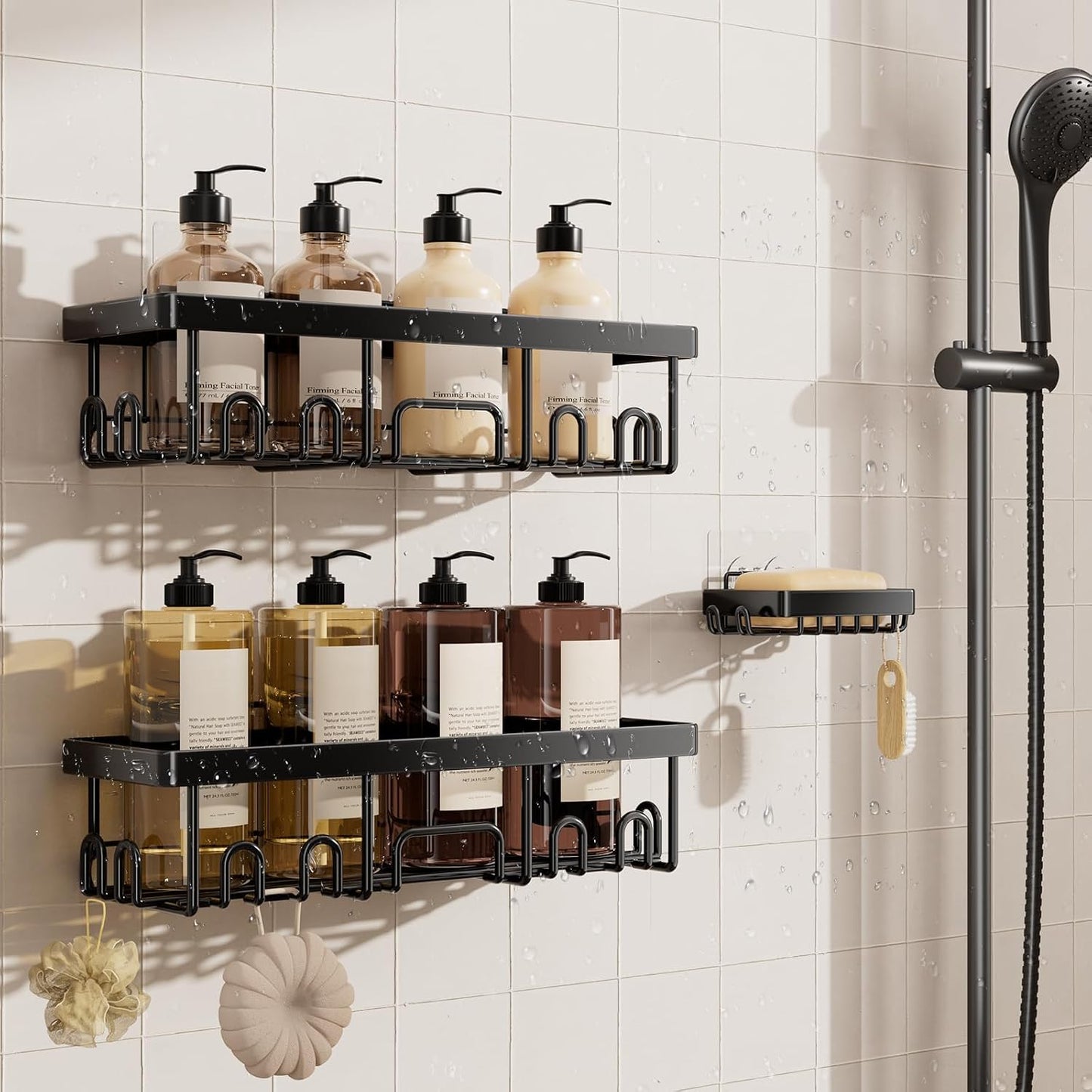 Veken Shower Caddy 6-Pack, No Drilling & Rustproof, Waterproof Adhesive Shelves Rack with Soap Holder, Large Capacity Bathroom Organizers and Storage, Wall-Mounted Kitchen & Home Decor