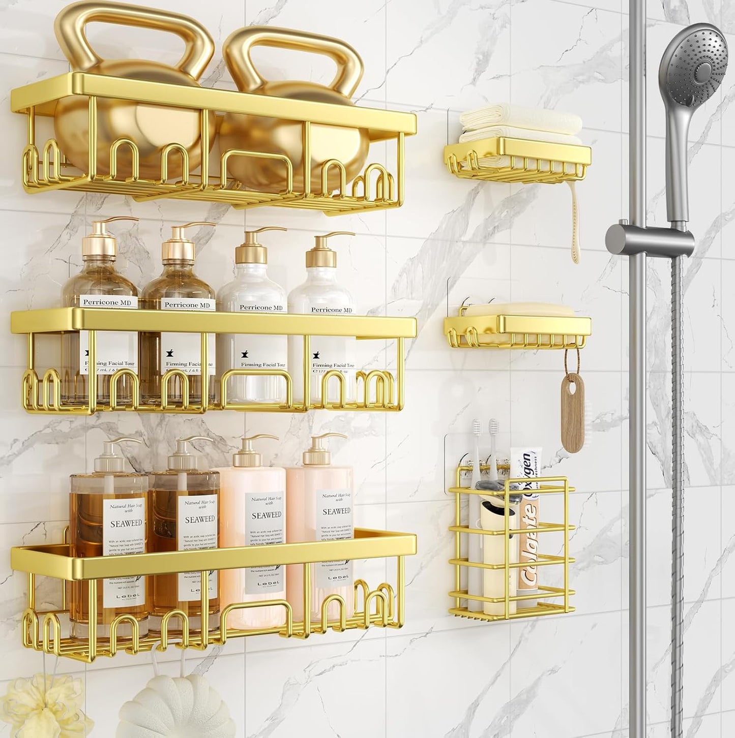 Veken Shower Caddy 6-Pack, No Drilling & Rustproof, Waterproof Adhesive Shelves Rack with Soap Holder, Large Capacity Bathroom Organizers and Storage, Wall-Mounted Kitchen & Home Decor
