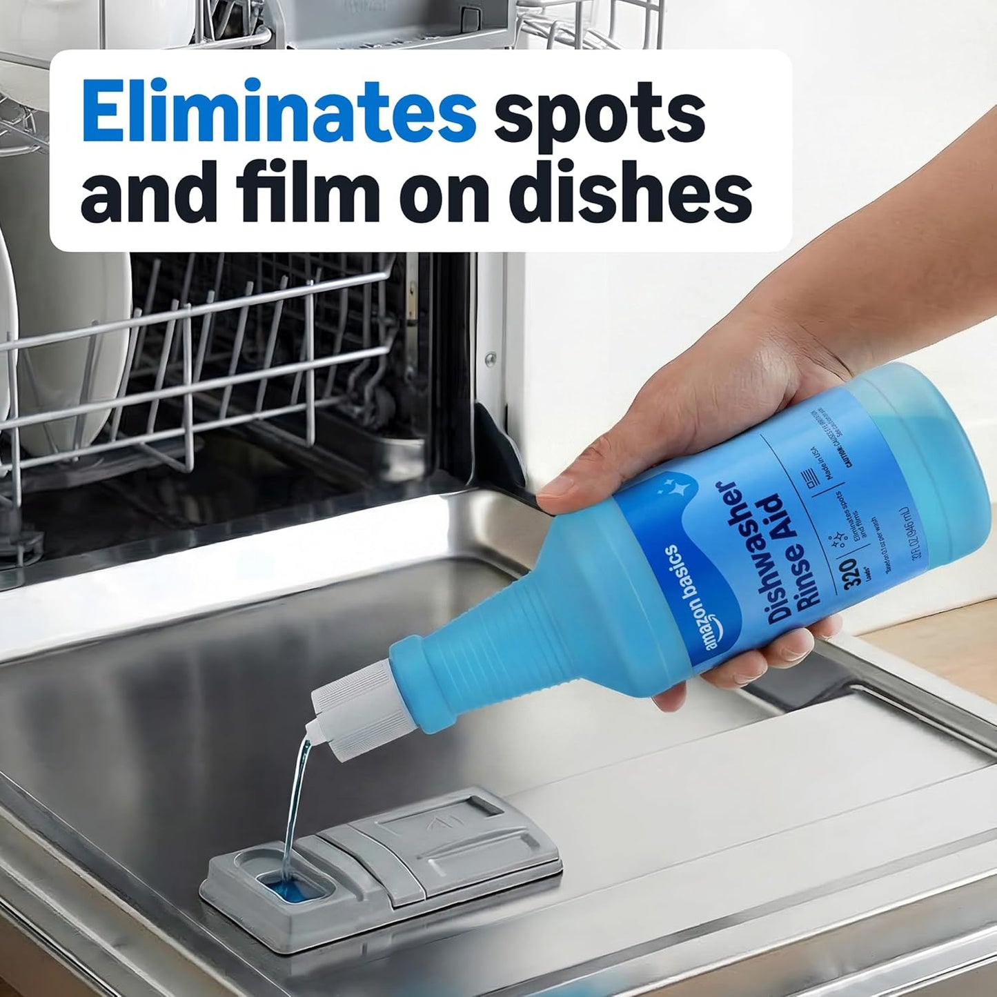 Amazon Basics Dishwasher Rinse Aid Liquid, Prevents Spots, Enhances Drying, Sparkling Finish, 32 Fl Oz, 1-Pack