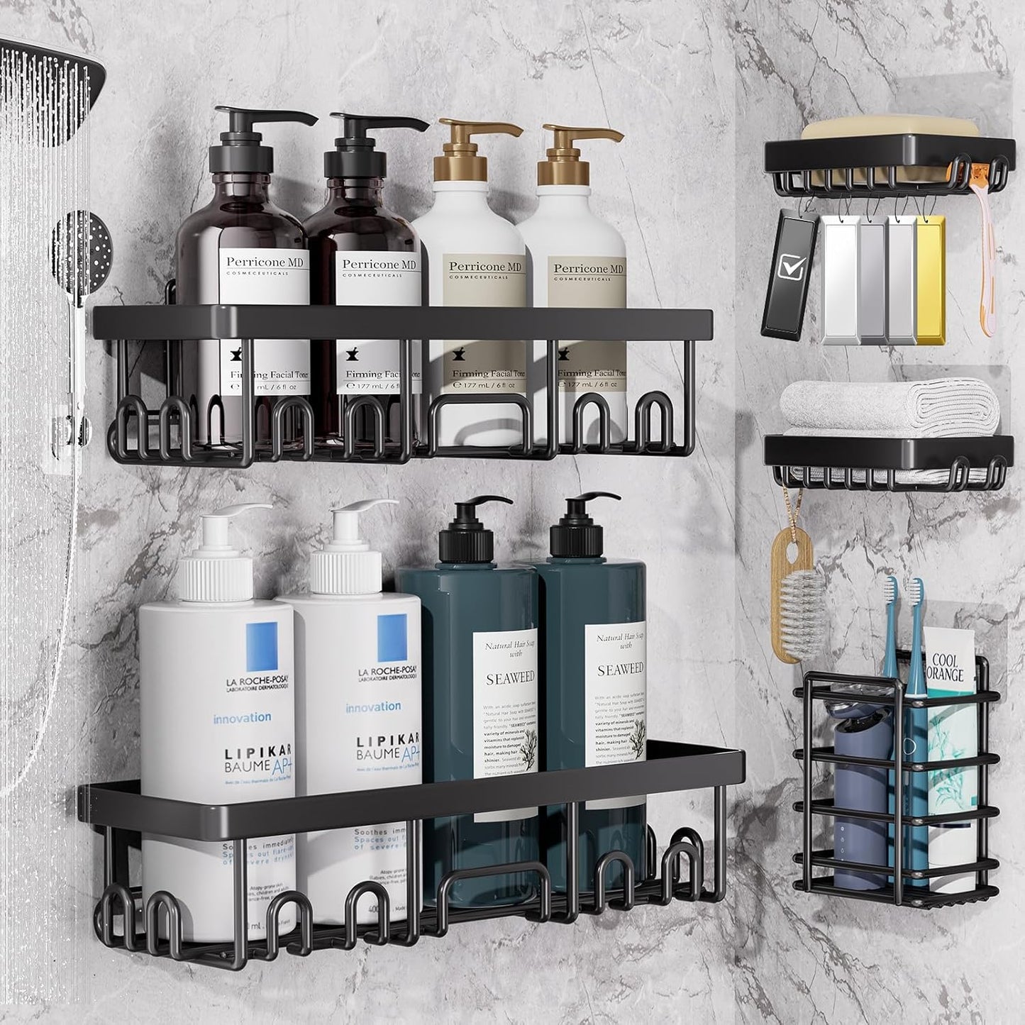 Veken Shower Caddy 6-Pack, No Drilling & Rustproof, Waterproof Adhesive Shelves Rack with Soap Holder, Large Capacity Bathroom Organizers and Storage, Wall-Mounted Kitchen & Home Decor