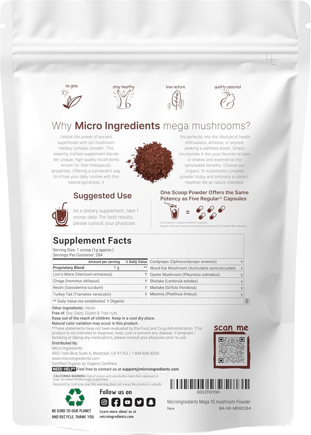 Micro Ingredients Organic Mega Mushroom Powder,10 Ounce (284 Days Supply) | 10 in 1 Complex Formula for Immune System Booster | Chaga, Lions Mane, Cordyceps, Reishi & More | Filler Free, Vegan