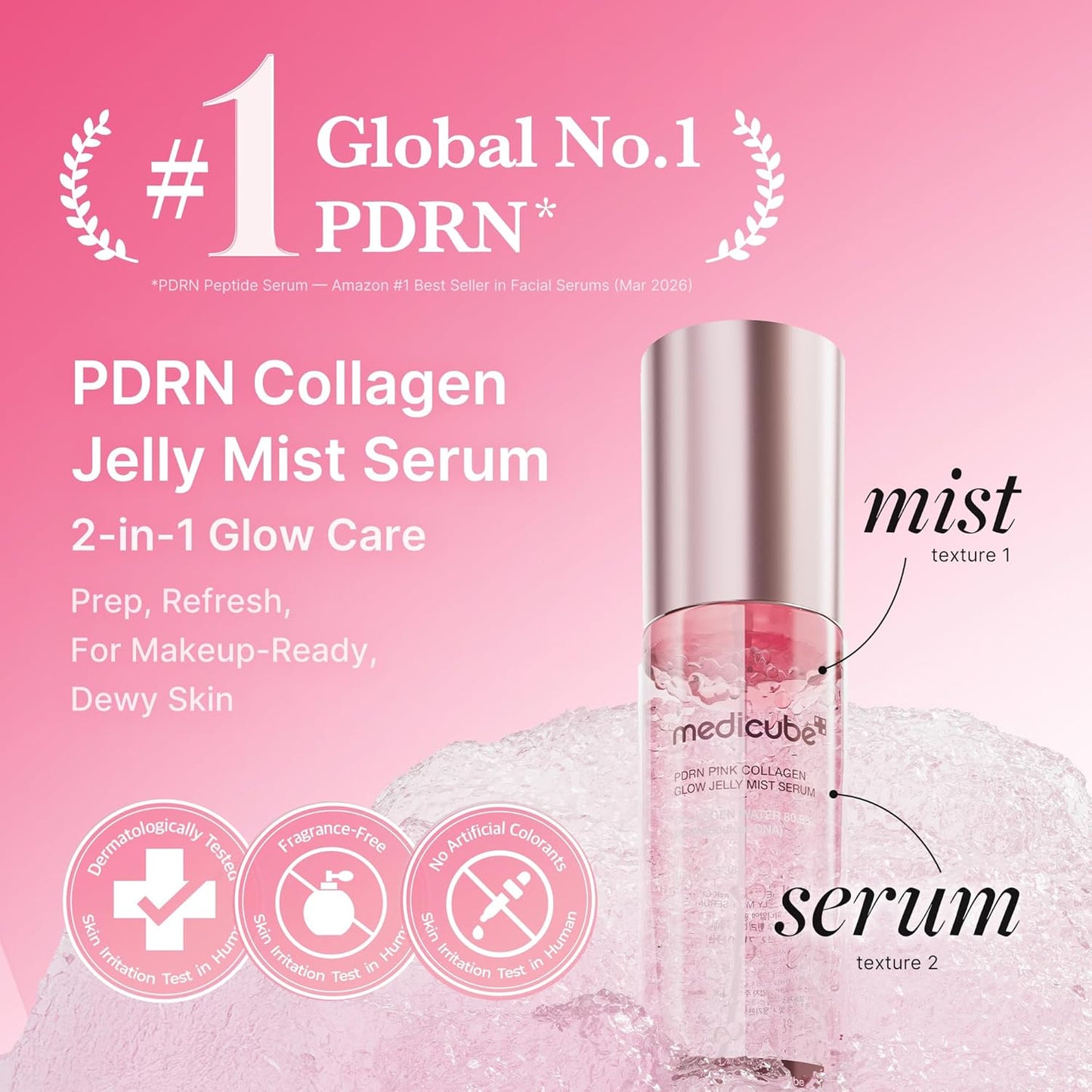 medicube Jelly Mist Serum with Pink PDRN Collagen | Dual-Texture Glow Spray with Niacinamide, Glutathione, Ceramide, Hyaluronic Acid | for Hydration, Radiance, Plump-Looking Skin | 2.02 fl.oz