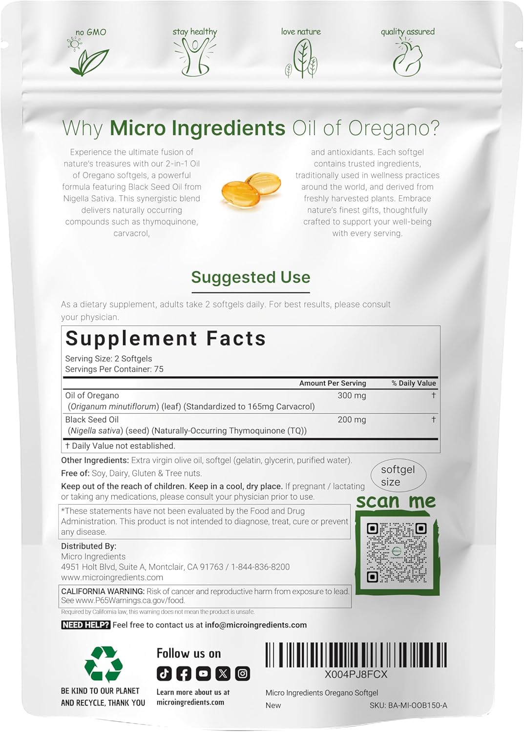 Micro Ingredients Oil of Oregano Softgels, 150 Count | 2 in 1 Formulated with Black Seed Oil | 4X Strength Carvacrol & Thymoquinone | Plant Based, Non-GMO