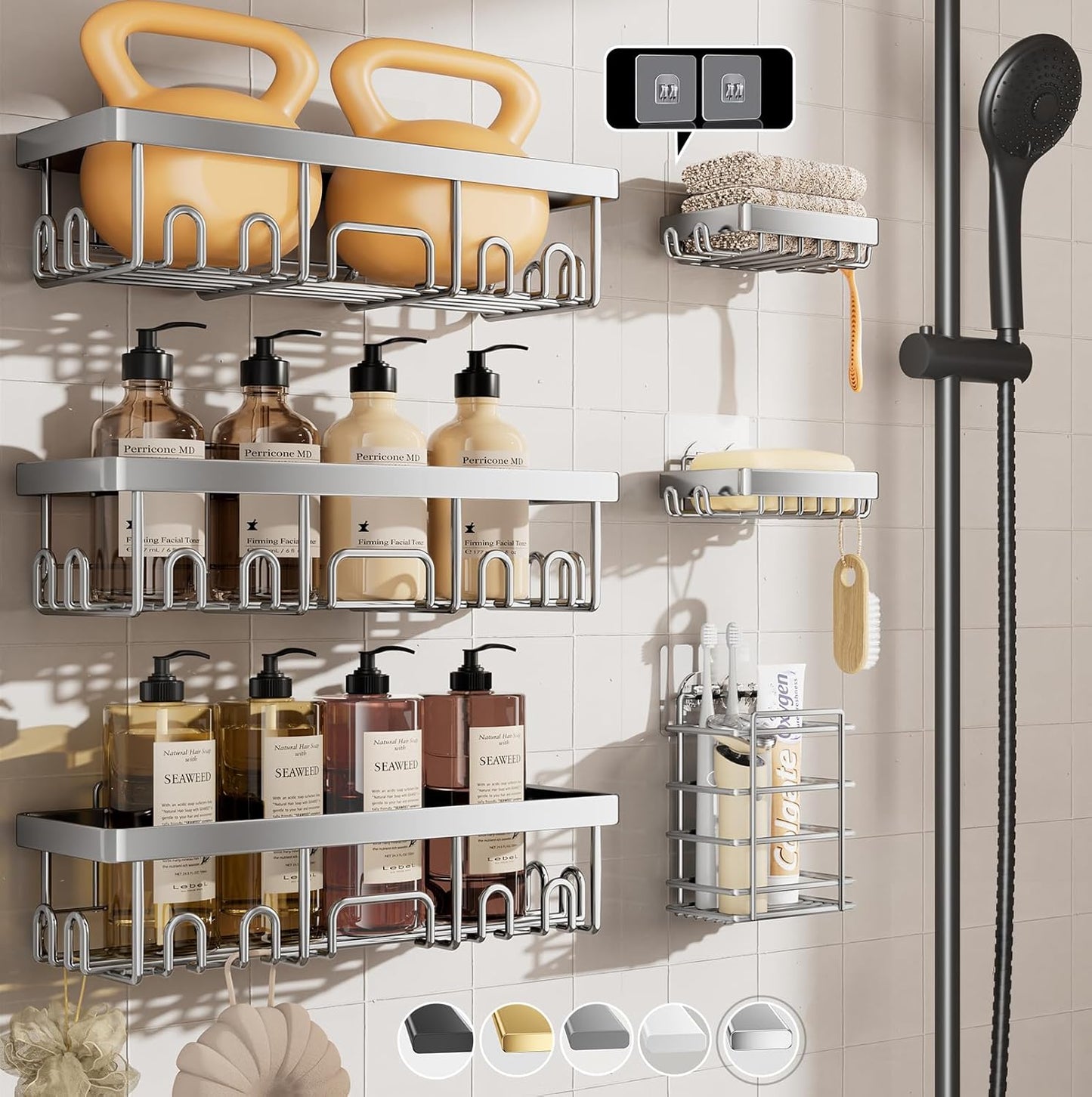 Veken Shower Caddy 6-Pack, No Drilling & Rustproof, Waterproof Adhesive Shelves Rack with Soap Holder, Large Capacity Bathroom Organizers and Storage, Wall-Mounted Kitchen & Home Decor