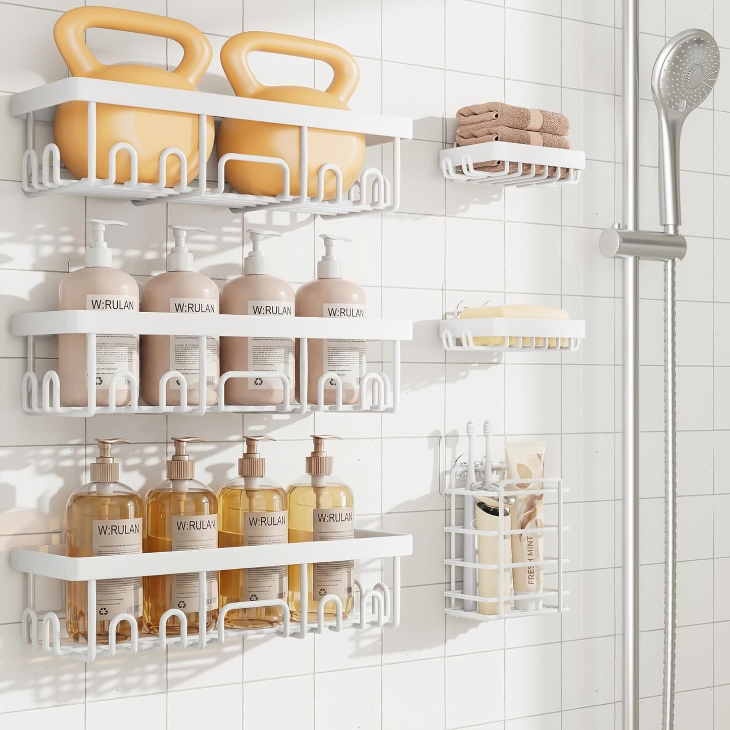 Veken Shower Caddy 6-Pack, No Drilling & Rustproof, Waterproof Adhesive Shelves Rack with Soap Holder, Large Capacity Bathroom Organizers and Storage, Wall-Mounted Kitchen & Home Decor
