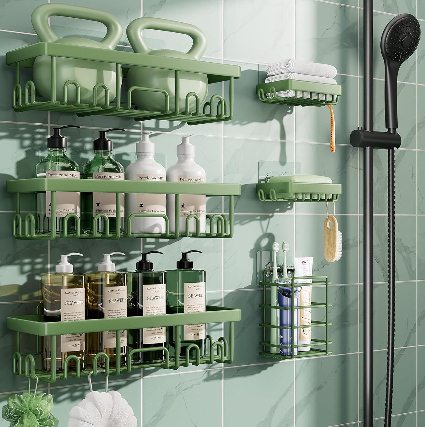 Veken Shower Caddy 6-Pack, No Drilling & Rustproof, Waterproof Adhesive Shelves Rack with Soap Holder, Large Capacity Bathroom Organizers and Storage, Wall-Mounted Kitchen & Home Decor