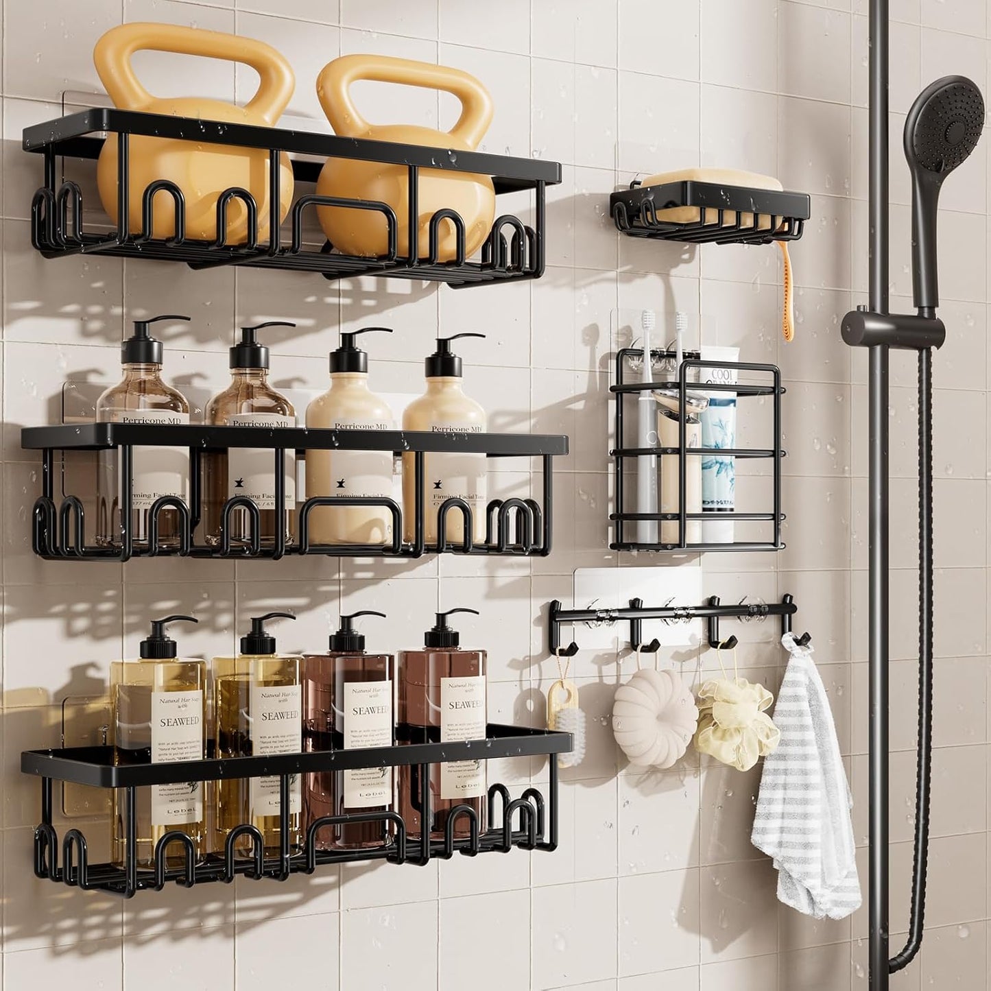 Veken Shower Caddy 6-Pack, No Drilling & Rustproof, Waterproof Adhesive Shelves Rack with Soap Holder, Large Capacity Bathroom Organizers and Storage, Wall-Mounted Kitchen & Home Decor