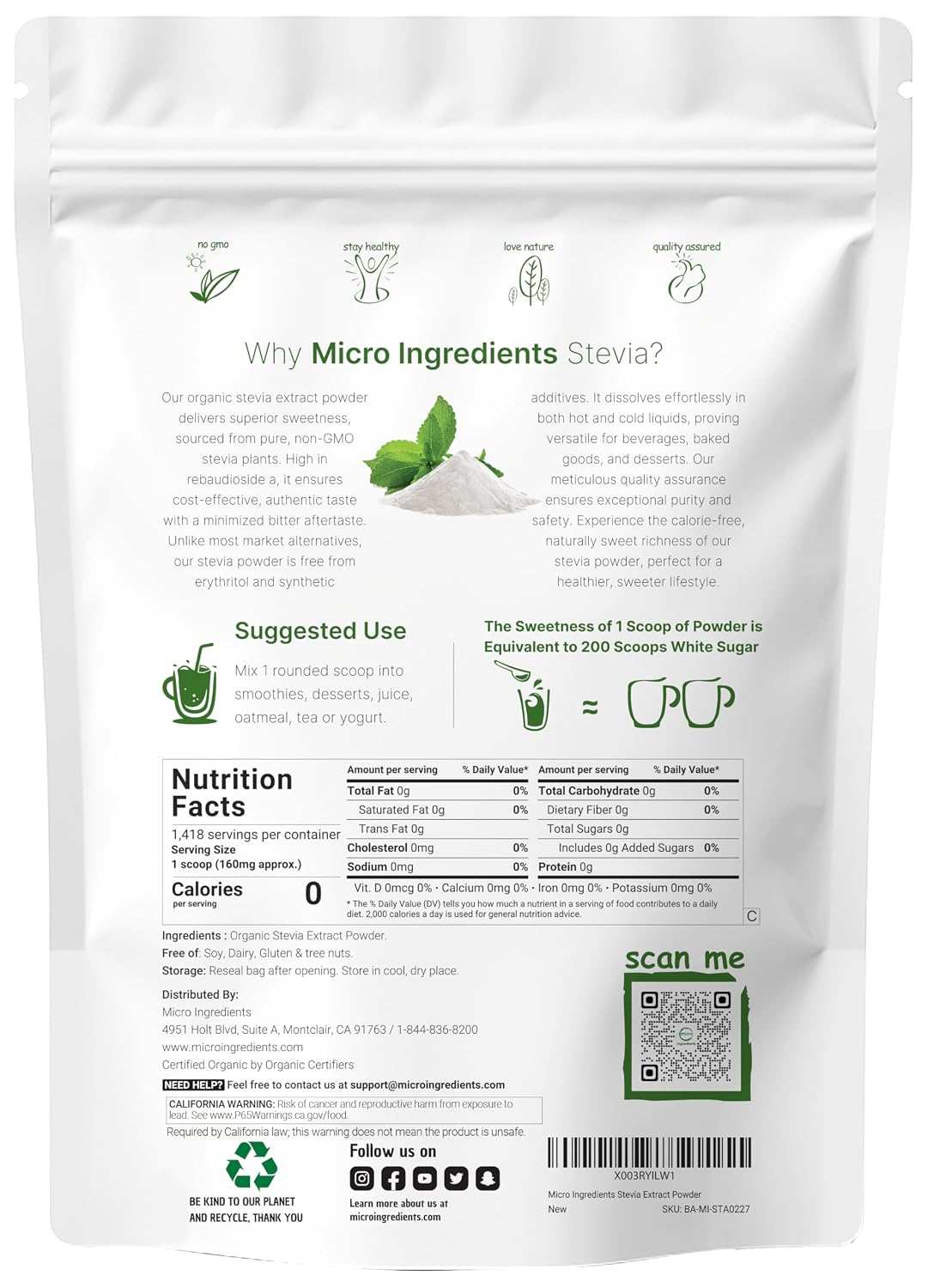 Micro Ingredients Pure Organic Stevia Powder, 8 Ounces, 1418 Serving, Highest Grade Stevia Green Leaf Extract Reb-A, Reduced Bitter Aftertaste, 0 Calorie, Natural Sweetener, Sugar Alternative, Keto Friendly