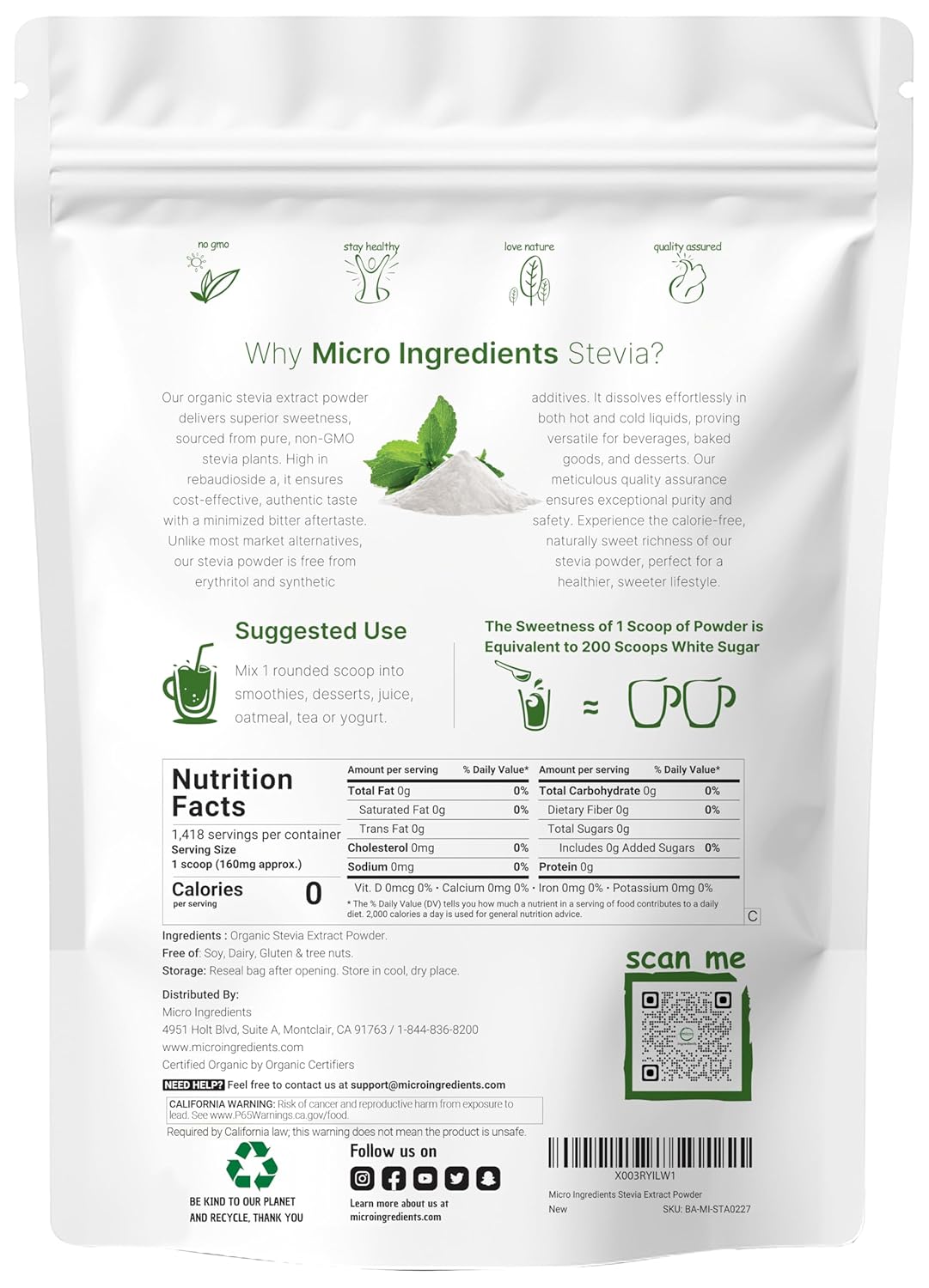 Micro Ingredients Pure Organic Stevia Powder, 8 Ounces, 1418 Serving, Highest Grade Stevia Green Leaf Extract Reb-A, Reduced Bitter Aftertaste, 0 Calorie, Natural Sweetener, Sugar Alternative, Keto Friendly