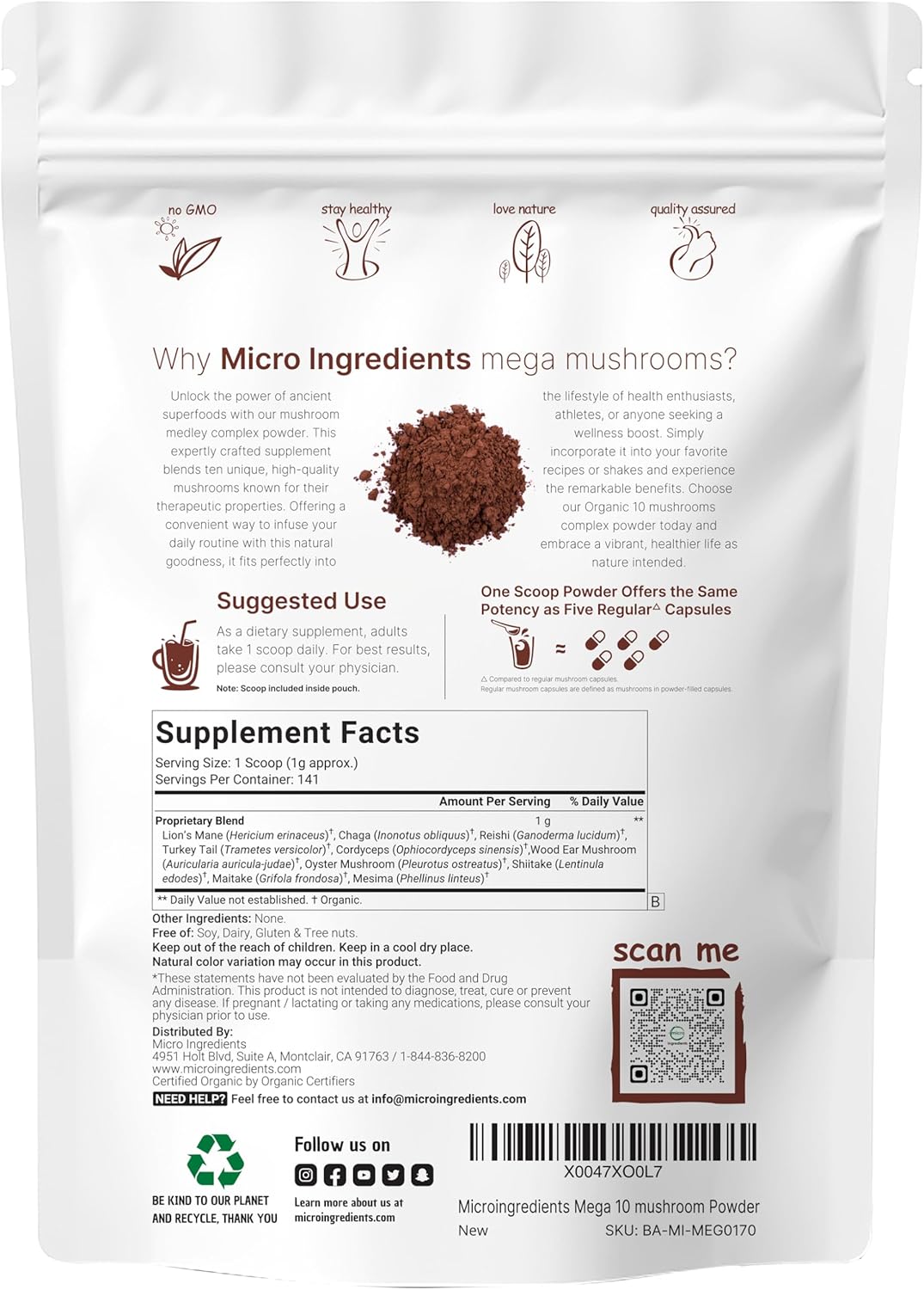 Micro Ingredients Organic Mushroom 10-in-1 Blend, 5 oz | Chaga, Lion’s Mane, Cordyceps & More | Great for Smoothies & Daily Use | Non-GMO, Vegan Friendly