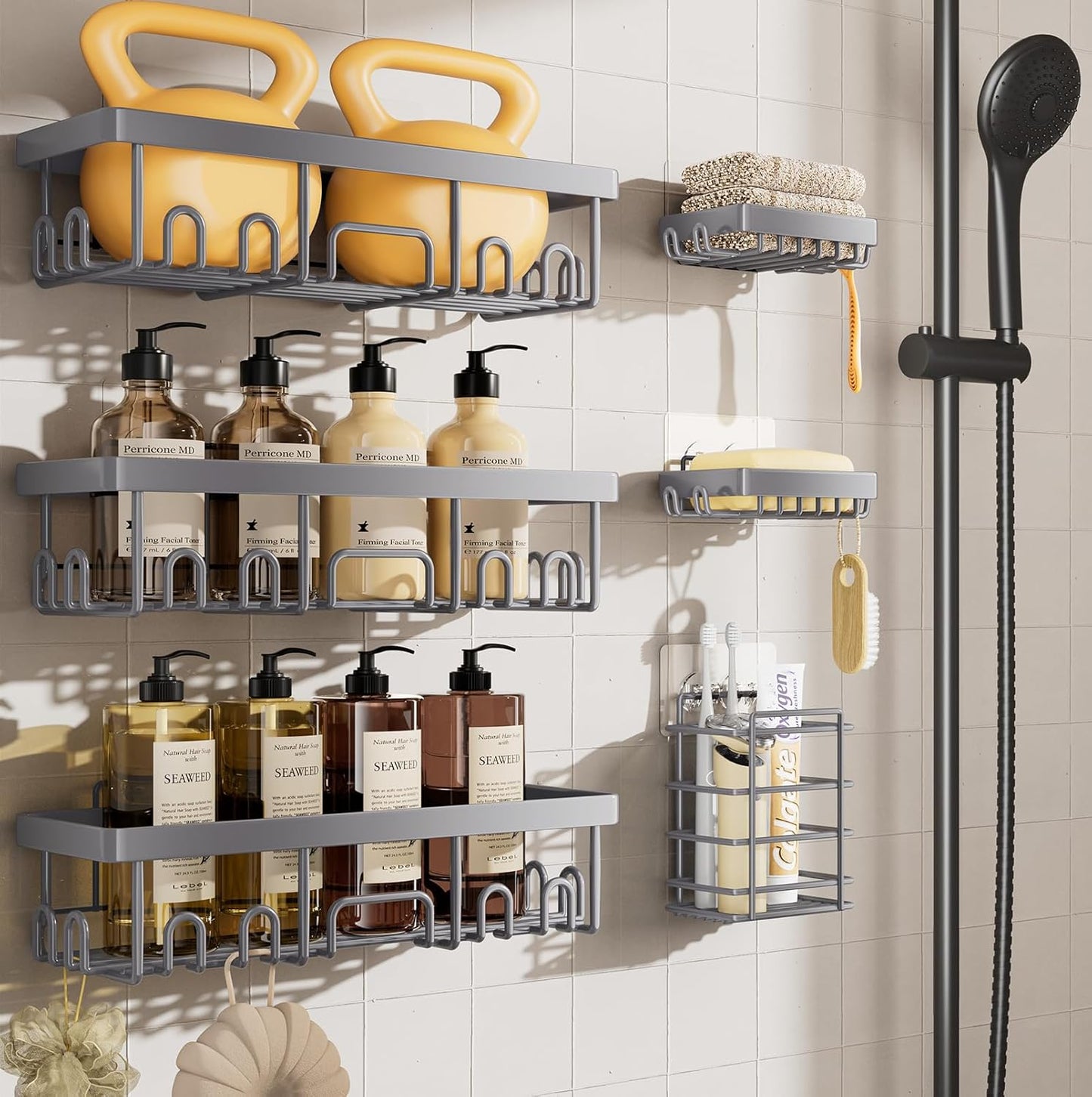 Veken Shower Caddy 6-Pack, No Drilling & Rustproof, Waterproof Adhesive Shelves Rack with Soap Holder, Large Capacity Bathroom Organizers and Storage, Wall-Mounted Kitchen & Home Decor
