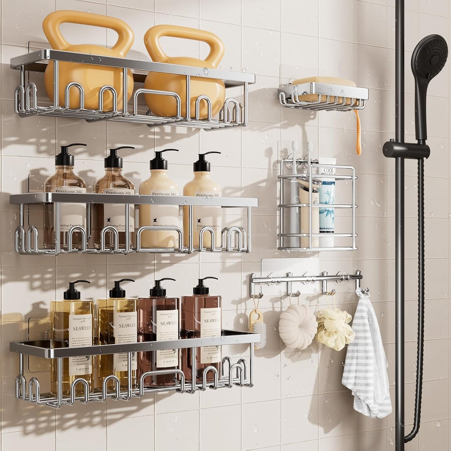 Veken Shower Caddy 6-Pack, No Drilling & Rustproof, Waterproof Adhesive Shelves Rack with Soap Holder, Large Capacity Bathroom Organizers and Storage, Wall-Mounted Kitchen & Home Decor